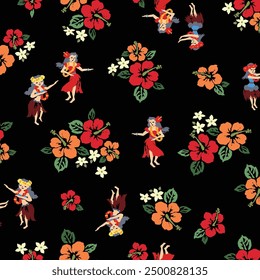 Cute hibiscus and hula dancer seamless pattern,