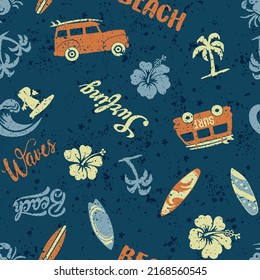 Cute hibiscus palm van surfboard patchwork grunge vector seamless pattern