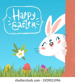 Cute hiding easter bunny greeting card illustration with tree, grass and eggs