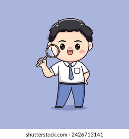 lindo chico estudiante de secundaria con lupa chibi kawaii