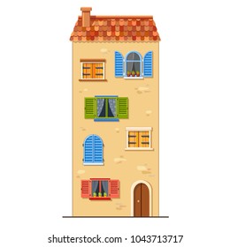 Cute high vector yellow house with red tile roof and many windows of different shapes and colors with shutters and a door. Traditional european street. Cartoon building. Town element. Fairy tale house
