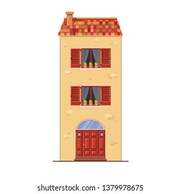 Cute high vector yellow house with red tile roof two bown windows with shutters and an arch door. Traditional european street. Cartoon building. Town element. 