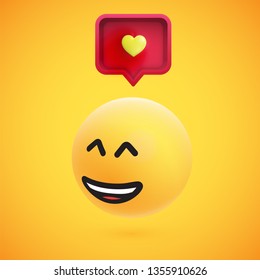 Cute high-detailed yellow 3D emoticon with speech bubble and heart for web, vector illustration
