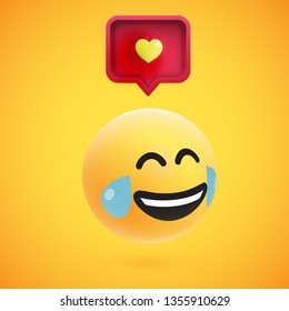 Cute high-detailed yellow 3D emoticon with speech bubble and heart for web, vector illustration