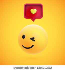 Cute high-detailed yellow 3D emoticon with speech bubble and heart for web, vector illustration