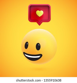 Cute high-detailed yellow 3D emoticon with speech bubble and heart for web, vector illustration