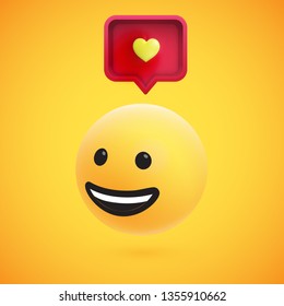 Cute high-detailed yellow 3D emoticon with speech bubble and heart for web, vector illustration