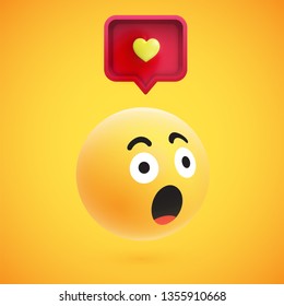 Cute high-detailed yellow 3D emoticon with speech bubble and heart for web, vector illustration