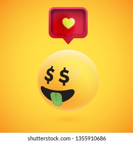 Cute high-detailed yellow 3D emoticon with speech bubble and heart for web, vector illustration