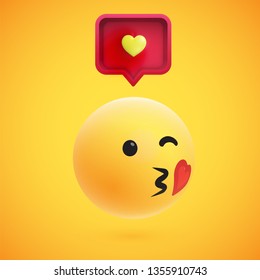 Cute high-detailed yellow 3D emoticon with speech bubble and heart for web, vector illustration