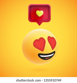 Cute high-detailed yellow 3D emoticon with speech bubble and heart for web, vector illustration