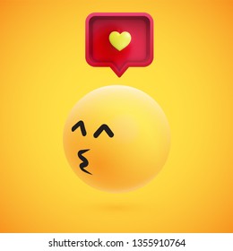 Cute high-detailed yellow 3D emoticon with speech bubble and heart for web, vector illustration