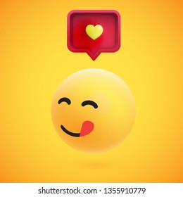 Cute high-detailed yellow 3D emoticon with speech bubble and heart for web, vector illustration