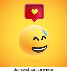 Cute high-detailed yellow 3D emoticon with speech bubble and heart for web, vector illustration