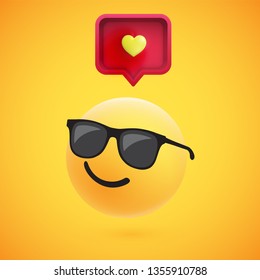 Cute high-detailed yellow 3D emoticon with speech bubble and heart for web, vector illustration