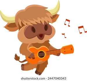 Cute Highland Cow Animal Cartoon Character Playing A Guitar And Singing. Vector Illustration Flat Design Isolated On Transparent Background