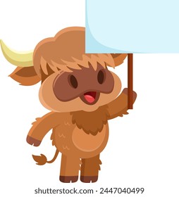 Cute Highland Cow Animal Cartoon Character Holding Up A Blank Sign. Vector Illustration Flat Design Isolated On Transparent Background