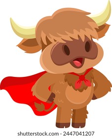 Cute Highland Cow Animal Cartoon Character SuperHero. Vector Illustration Flat Design Isolated On Transparent Background