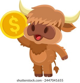 Cute Highland Cow Animal Cartoon Character Holding A Golden Bitcoin. Vector Illustration Flat Design Isolated On Transparent Background