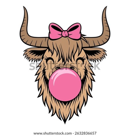 Cute Highland Cow Blowing Bubblegum with Pink Bow Illustration