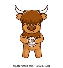 Cute Highland cow cartoon clipart with funny pose vector illustration playing soccer