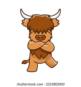 Cute Highland cow cartoon clipart with funny pose vector illustration