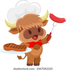 Cute Highland Cow Chef Cartoon Character Holding A Platter With Grilled Steak And Sausage. Vector Illustration Flat Design Isolated On Transparent Background