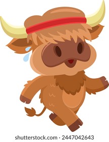 Cute Highland Cow Chef Cartoon Character Jogging. Vector Illustration Flat Design Isolated On Transparent Background
