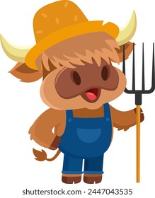 Cute Highland Cow Farmer Cartoon Character Carrying A Rake. Vector Illustration Flat Design Isolated On Transparent Background