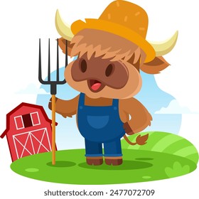 Cute Highland Cow Farmer Cartoon Character Carrying A Rake. Vector Illustration Flat Design Isolated With Background