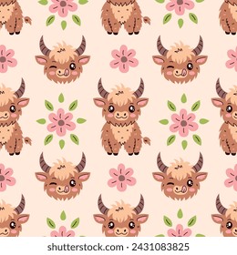 Cute highland cow seamless pattern with flower and leaf. Adorable childish background with cheerful baby animal. Pastel colored repeat vector illustration for dairy products, decoration, fabric