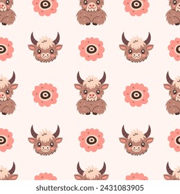 Cute Highland cow seamless pattern with flowers. Childish pastel colored endless background with adorable animal character. Repeat vector illustration for fabric, textile, ornament, decoration