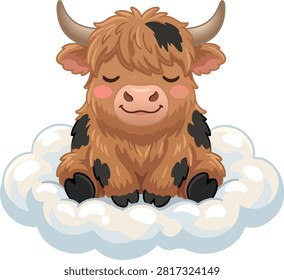 Cute Highland Cow Sitting on Cloud Nursery Kids Design 