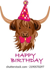 Cute Cow Scottish Highland Cattle with A Party Hat And A Bow Tie. Happy Birthday Card, Funny, Hand Drawn Style Print. Vector Illustration