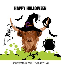 Cute Cow Scottish Highland Cattle with a Witch Hat, Bubbling Potion, Spider Web, Skull and Skeleton are hanging on the Horns, Bat Halloween. Halloween Decoration, Card, Funny, Hand Drawn style print. 