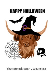 Cute Cow Scottish Highland Cattle with a Witch Hat, Spider Web, Skull with Bone and a Bat Halloween. Halloween Decoration, Card, Funny, Hand Drawn style print. Vector illustration