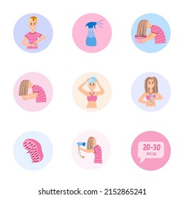 Cute highlights for different social media, bloggers and companies about cosmetic products for Curly Girl Method (curly hair routine). Vector hand drawn cliparts illustrations in bright palette.