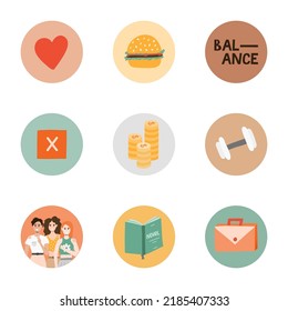 Cute highlights for different social media, bloggers and companies about work-life balance, harmony, choice between home, friends, entertainment and career, money, job. Vector hand drawn cliparts.