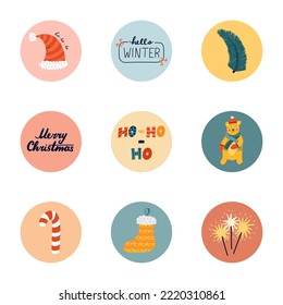 Cute highlights for different social media, bloggers, companies about Merry Christmas, winter, holiday, New Year. Set for social media with vector hand drawn clipart illustrations in bright palette