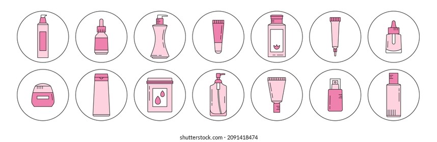 Cute highlights set with beauty products. Cover icons for saved stories. Vector illustration. Ideal for online shopping or blogging. Social media concept. Skin care routine.