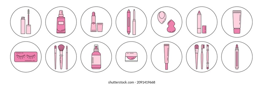 Los productos de belleza son muy atractivos. Iconos de portada para historias guardadas. Ilustración vectorial. Ideal para comprar o bloguear en línea. Concepto de medios sociales. Productos de maquillaje. Cosméticos de Corea