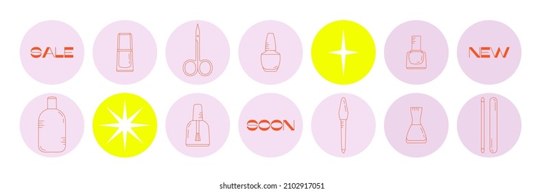 Cute highlights set with manicure supplies. Cover icons for saved stories. Vector illustration. Ideal for online shop, manicure salon or blog. Social media concept. Icons set.