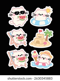 A cute high-resolution summer cat sticker pack in kawaii cartoon style. Includes various playful cat poses.  Ideal for journals, planners, emojis, printable crafts, scrapbooking, and chat apps.