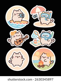 A cute high-resolution summer cat sticker pack in kawaii cartoon style. Includes various playful cat poses.  Ideal for journals, planners, emojis, printable crafts, scrapbooking, and chat apps.