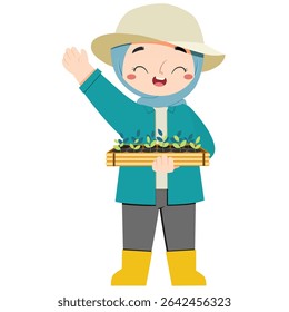Cute hijab asian girl brings seedling in farmland in a summer