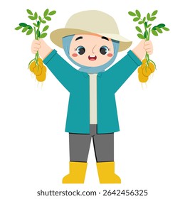 Cute hijab asian girl hold potato in both hands in farmland in harvest moon