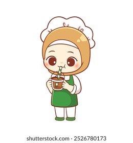 Lindo hijab chica barista sosteniendo y beber taza de café mascota logo