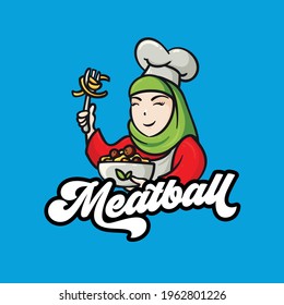 Cute hijab girl bring delicious meatball logo template