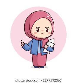 Cute hijab girl business woman with paper and pen kawaii chibi