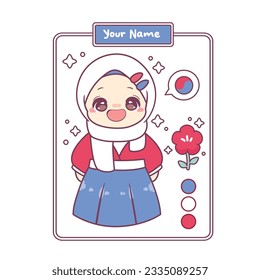 Cute hijab girl chibi wear traditional korean hanbok kawaii character
